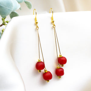 Recycled Glass Double drop earring - Red ruby