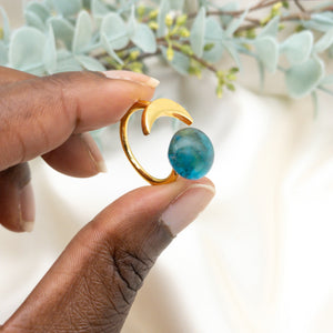 (Wholesale) Recycled Glass Moon Ring - Teal